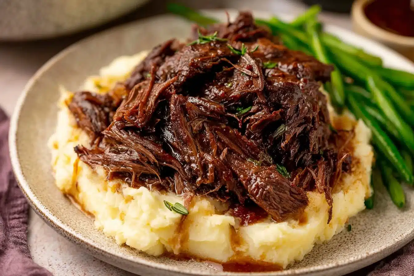 Delicious cranberry pot roast served with fresh herbs and vegetables