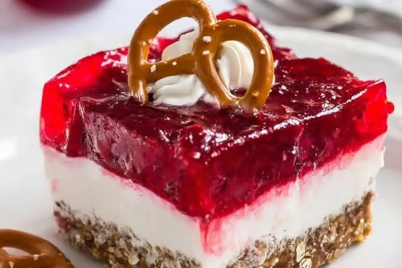 Delicious Cranberry Pretzel Salad served in a bowl, showcasing its colorful layers