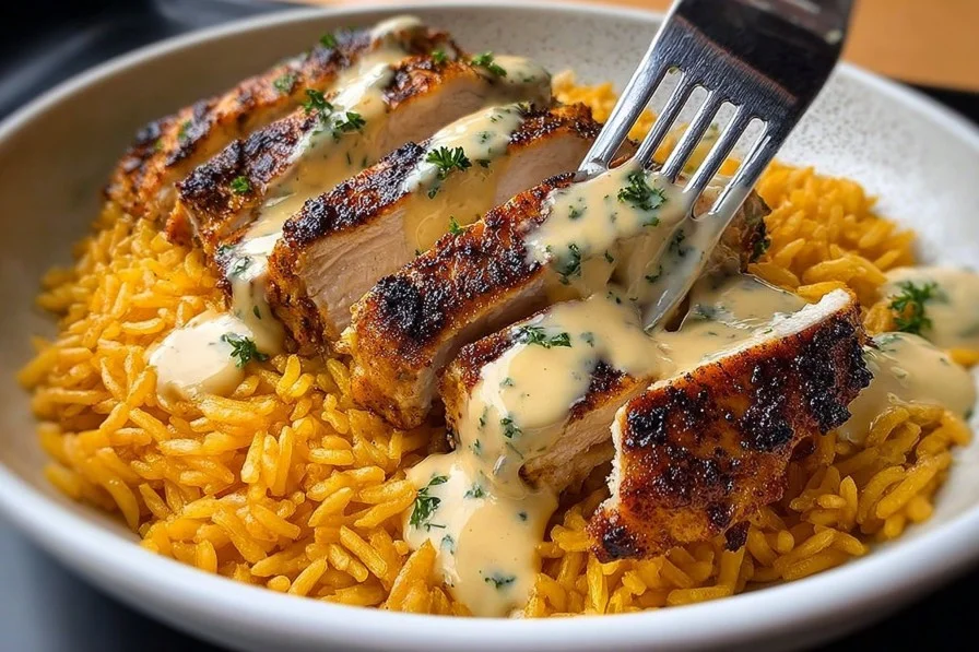 Creamy Cajun chicken served with rice, garnished with herbs and spices