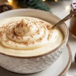 Creamy eggnog spread served on toast with seasonal decorations.