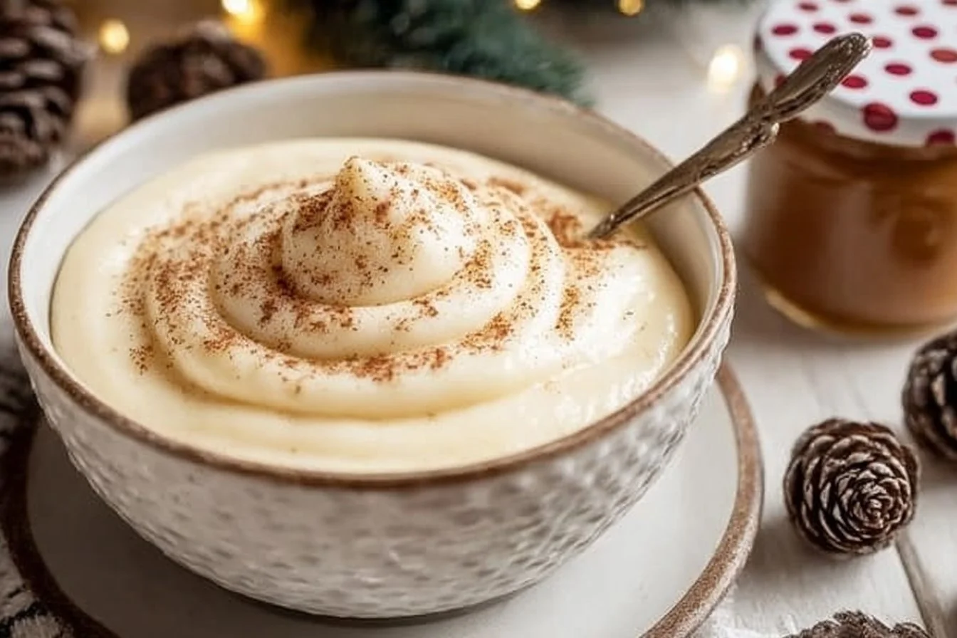 Creamy eggnog spread served on toast with seasonal decorations.