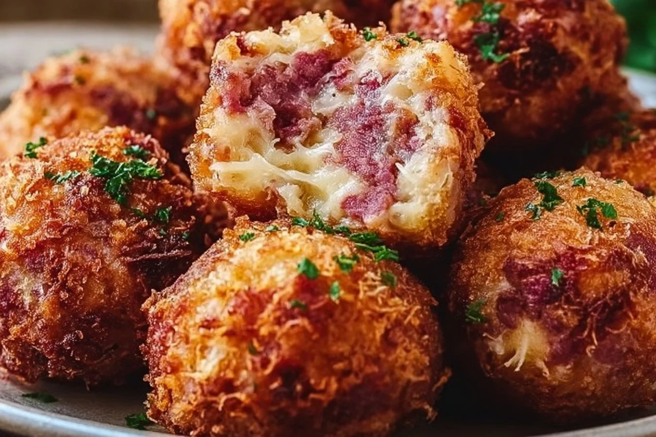Delicious crispy Reuben balls served on a plate