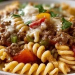 Crockpot Philly Cheesesteak Pasta Casserole in a serving dish