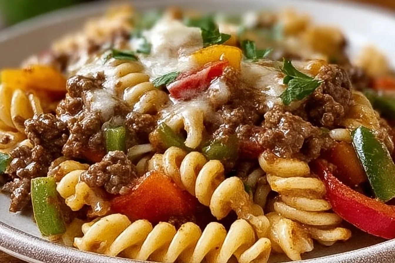 Crockpot Philly Cheesesteak Pasta Casserole in a serving dish