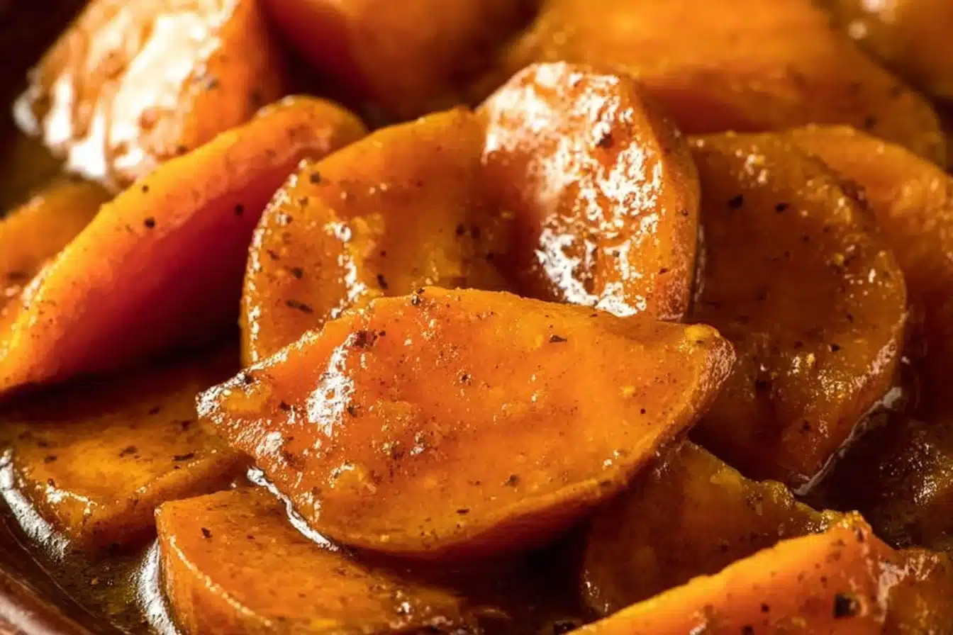 A serving of delicious candied yams topped with marshmallows and brown sugar.