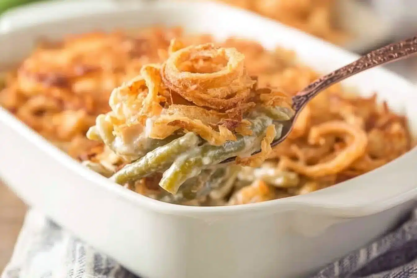 Delicious green bean casserole topped with crispy onions and creamy sauce.