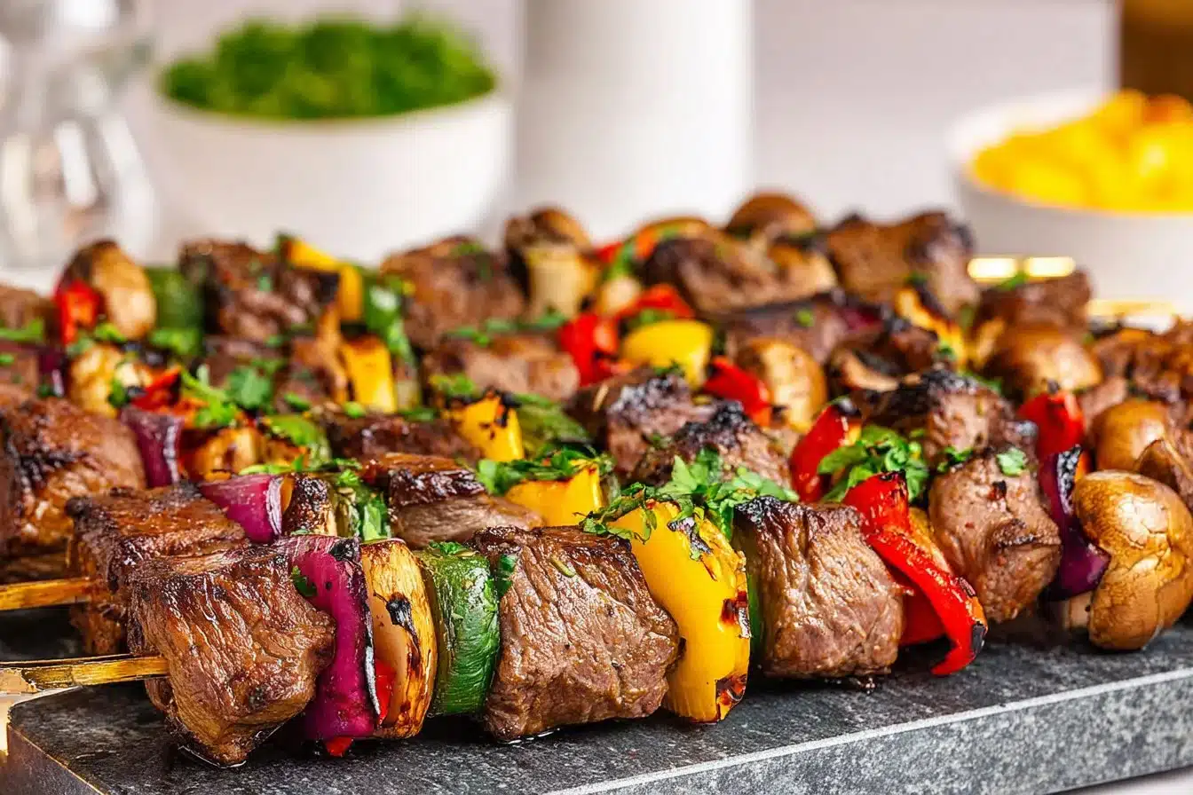 Delicious marinated beef kabobs on skewers ready for grilling