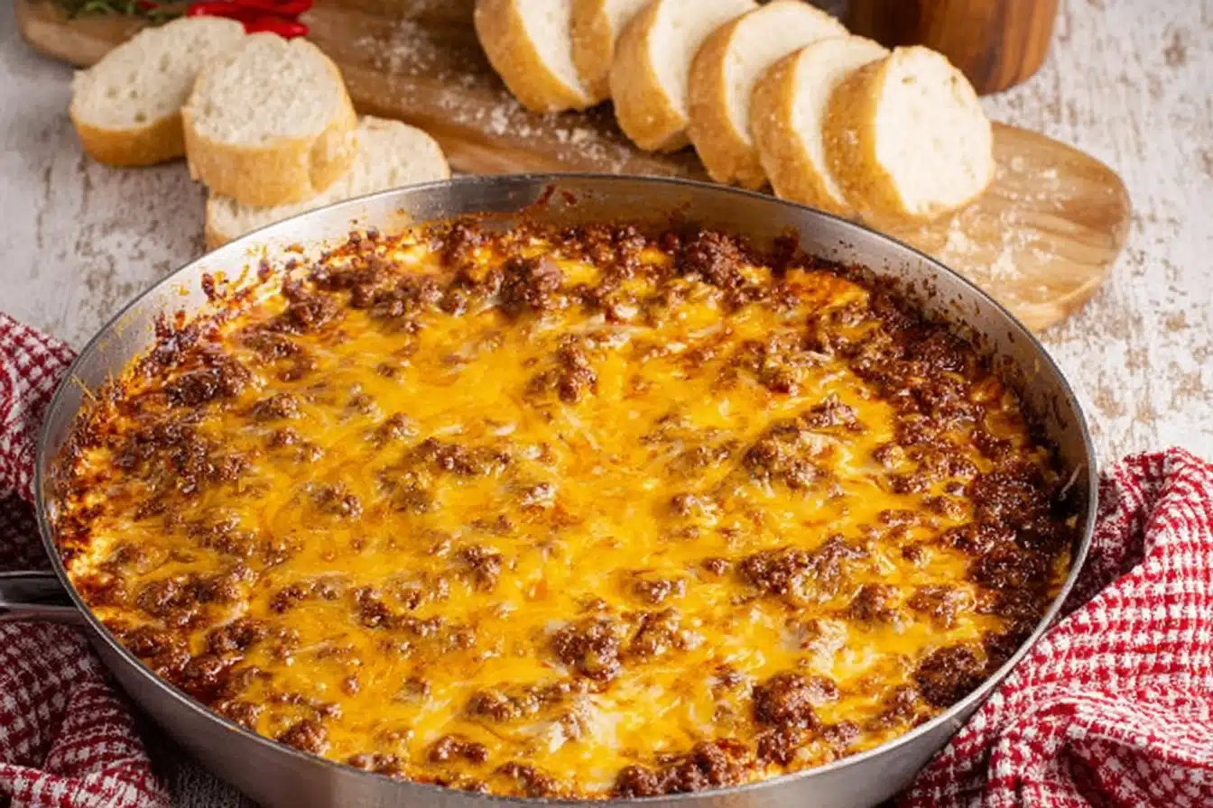 Delicious sloppy joe dip in a serving bowl with chips