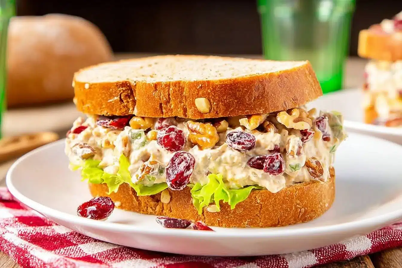 Delicious turkey salad with cranberries and pecans in a bowl