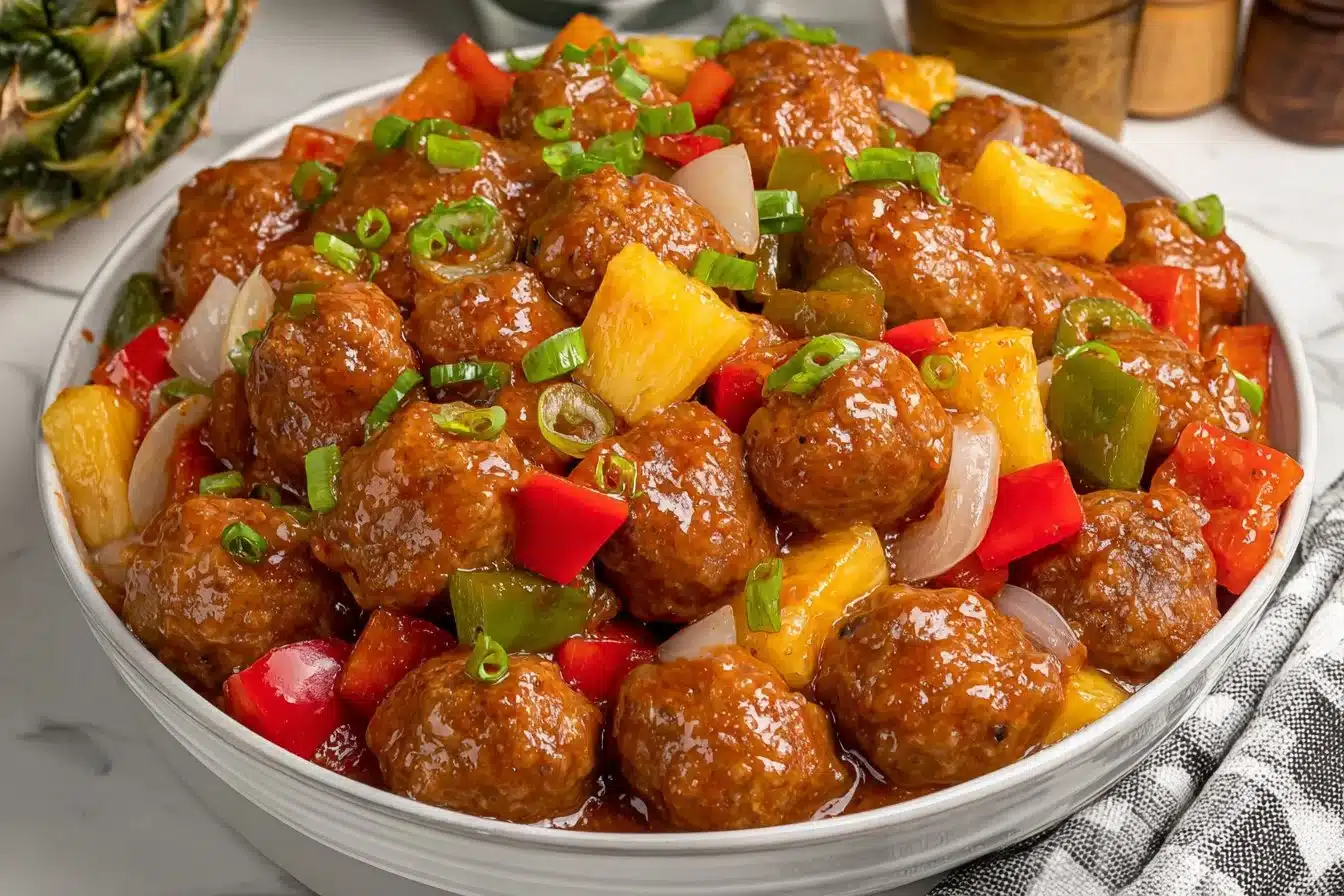 Sweet sour meatballs served on a plate with sauce and garnishes