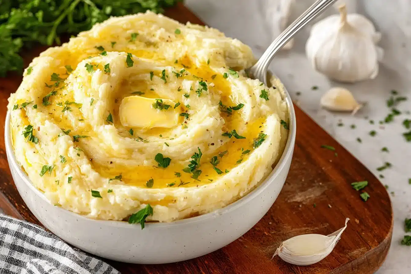 Delicious garlic mashed potatoes served in a bowl with herbs