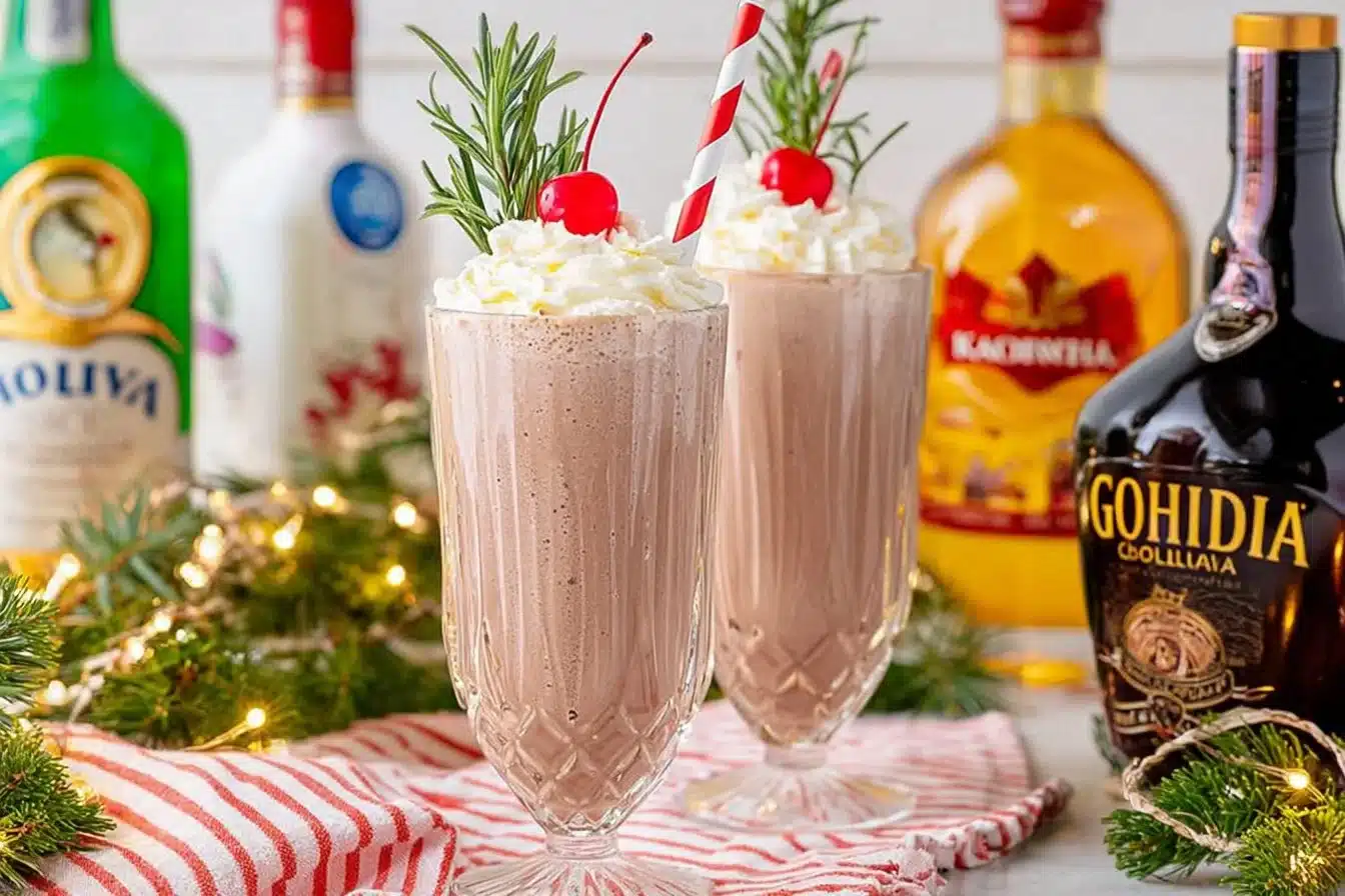 Drunk Rudolph Milkshake topped with whipped cream and holiday sprinkles