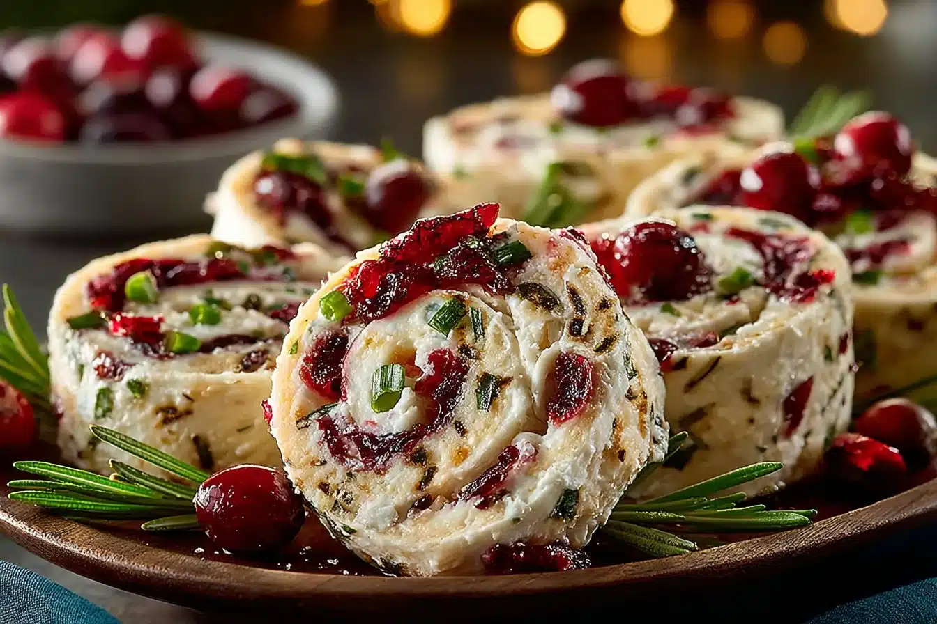 Festive Christmas Cranberry Roll Ups for holiday parties and gatherings.