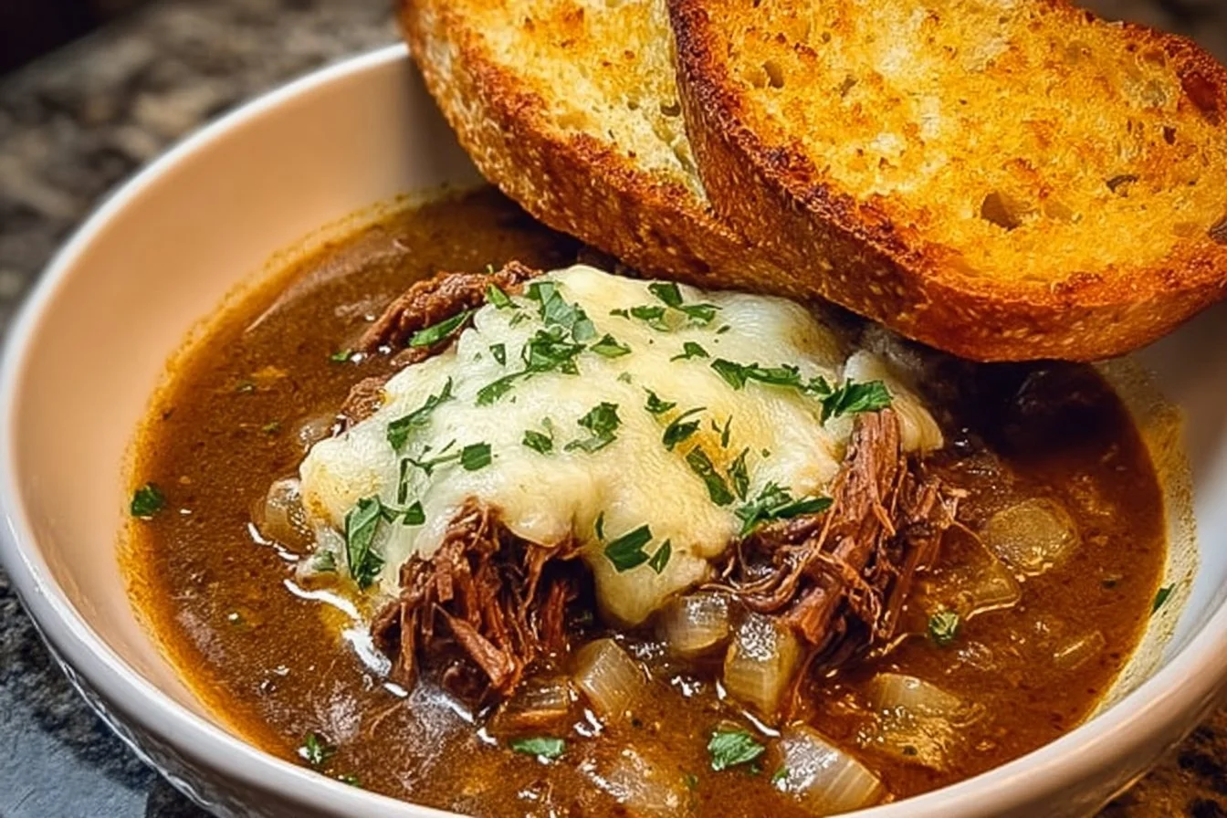 Delicious bowl of French Onion Beef Short Rib Soup topped with melted cheese