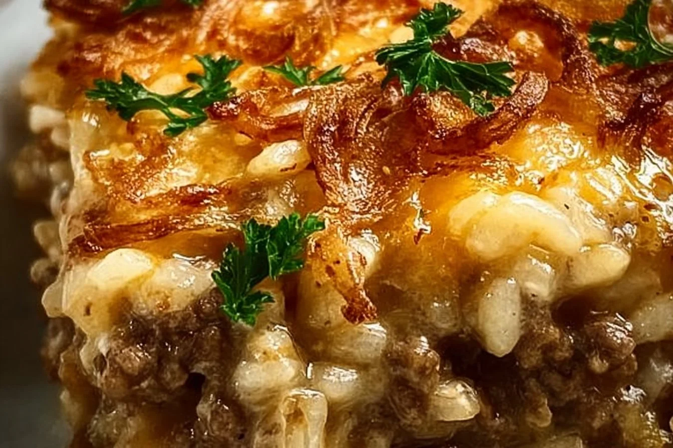 French Onion Ground Beef and Rice Casserole ready to serve