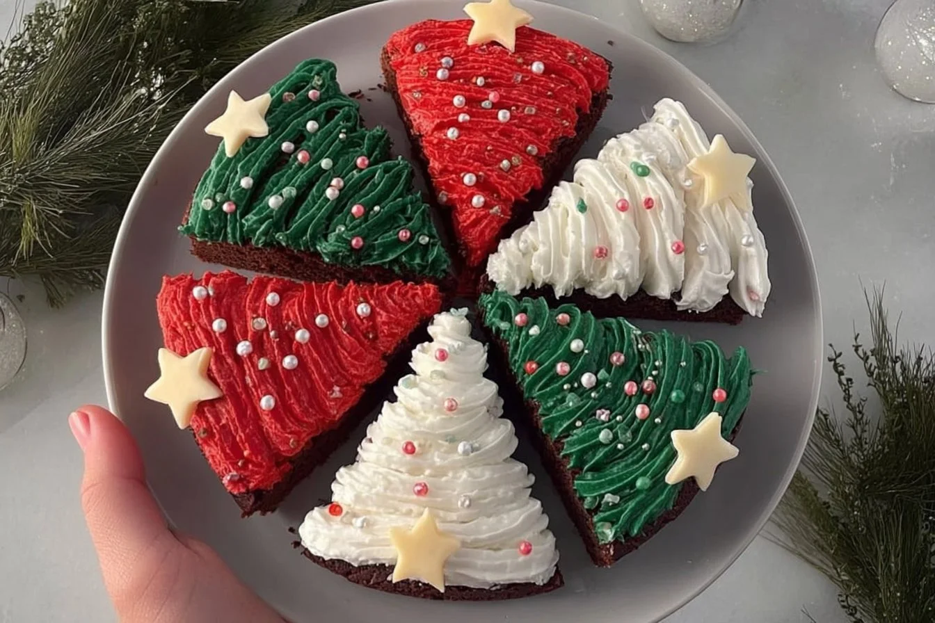 Delicious frosted Christmas brownies decorated for the holiday season.