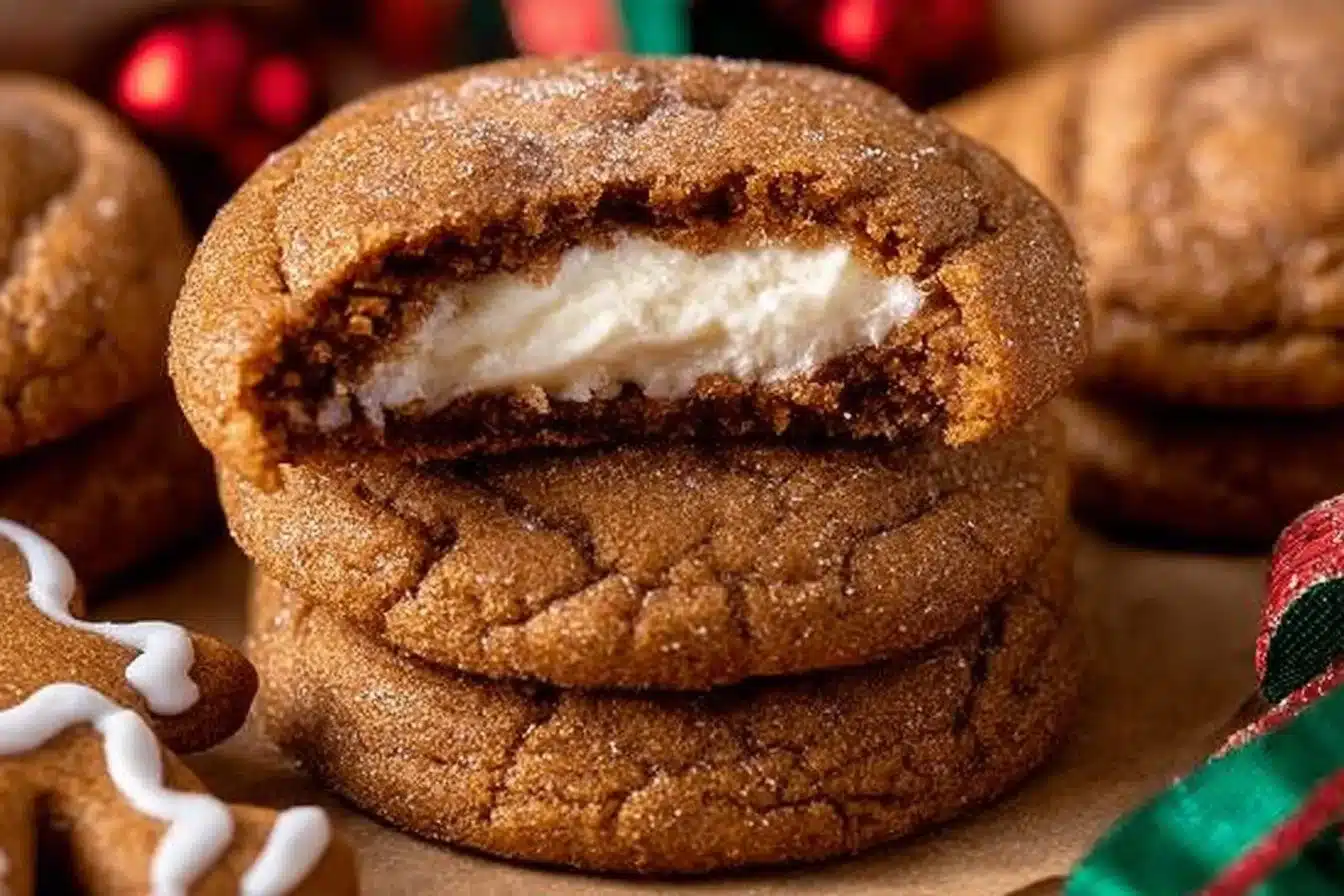 Gingerbread Cheesecake Cookies with festive decoration on a wooden table