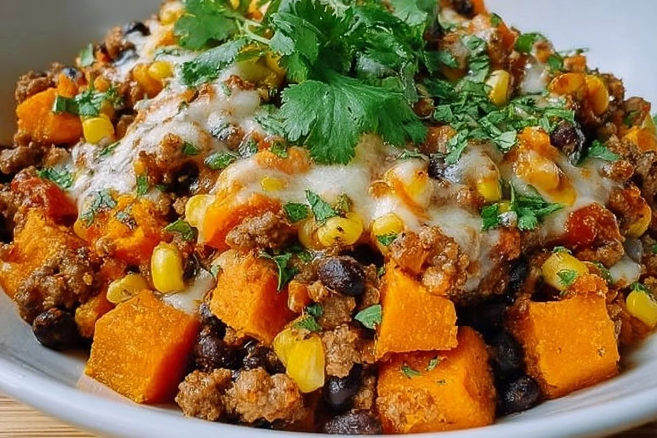Ground Turkey Sweet Potato Casserole topped with herbs and spices