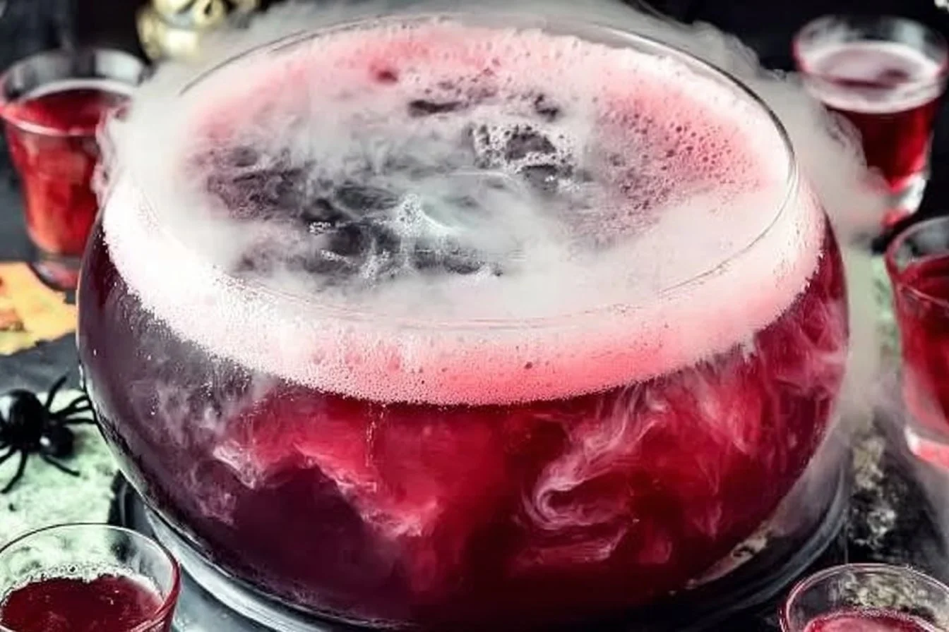 A spooky Halloween Punch in a cauldron, garnished with Halloween-themed fruits.