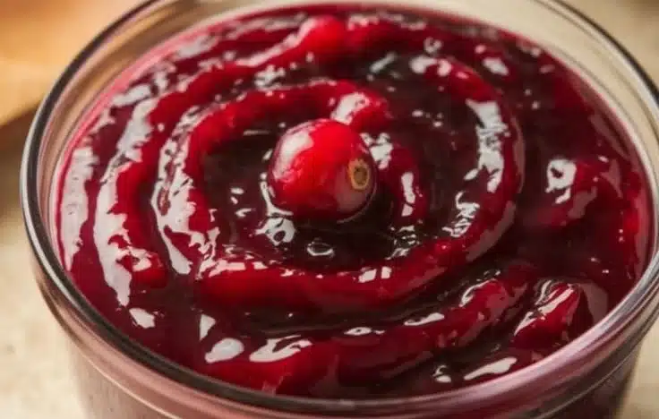Fresh homemade cranberry sauce in a bowl ready for the holiday table