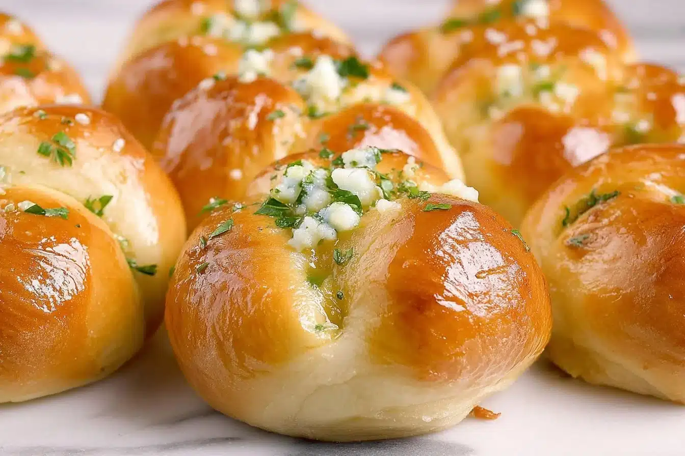 Freshly baked homemade garlic knots with herbs on a wooden table
