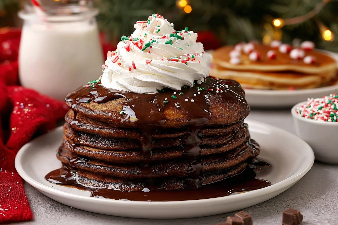 Stack of fluffy hot chocolate pancakes topped with whipped cream and chocolate drizzle