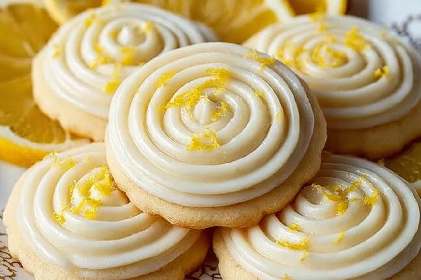Freshly baked lemon frosted cookies with a zesty frosting on top