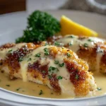 Lemon Pecorino Chicken Tenderloins plated with fresh herbs and lemon slices