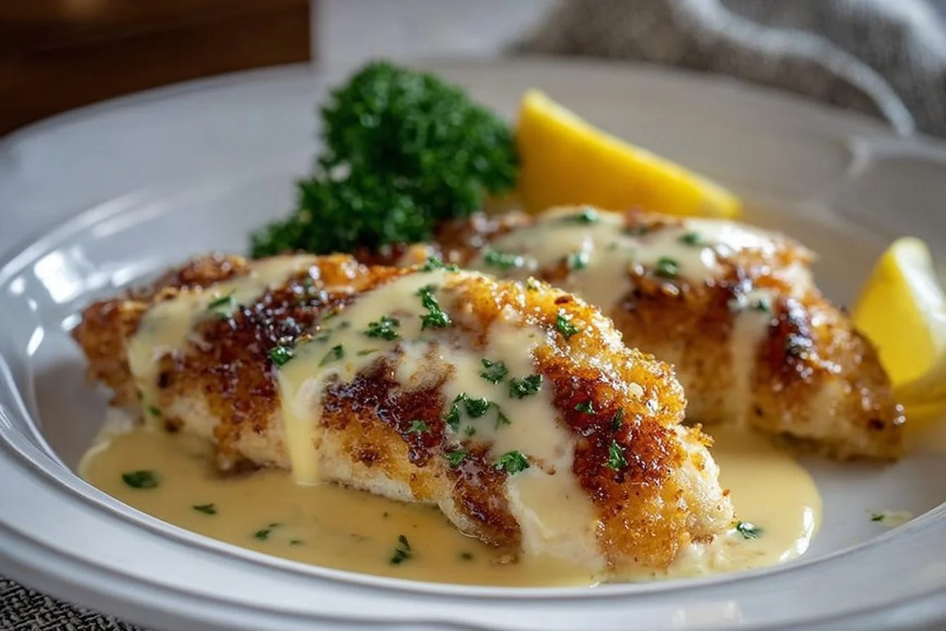 Lemon Pecorino Chicken Tenderloins plated with fresh herbs and lemon slices