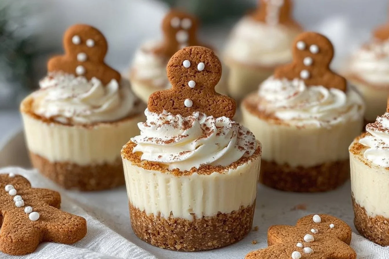 No-Bake Gingerbread Cheesecake Cups topped with whipped cream and spices