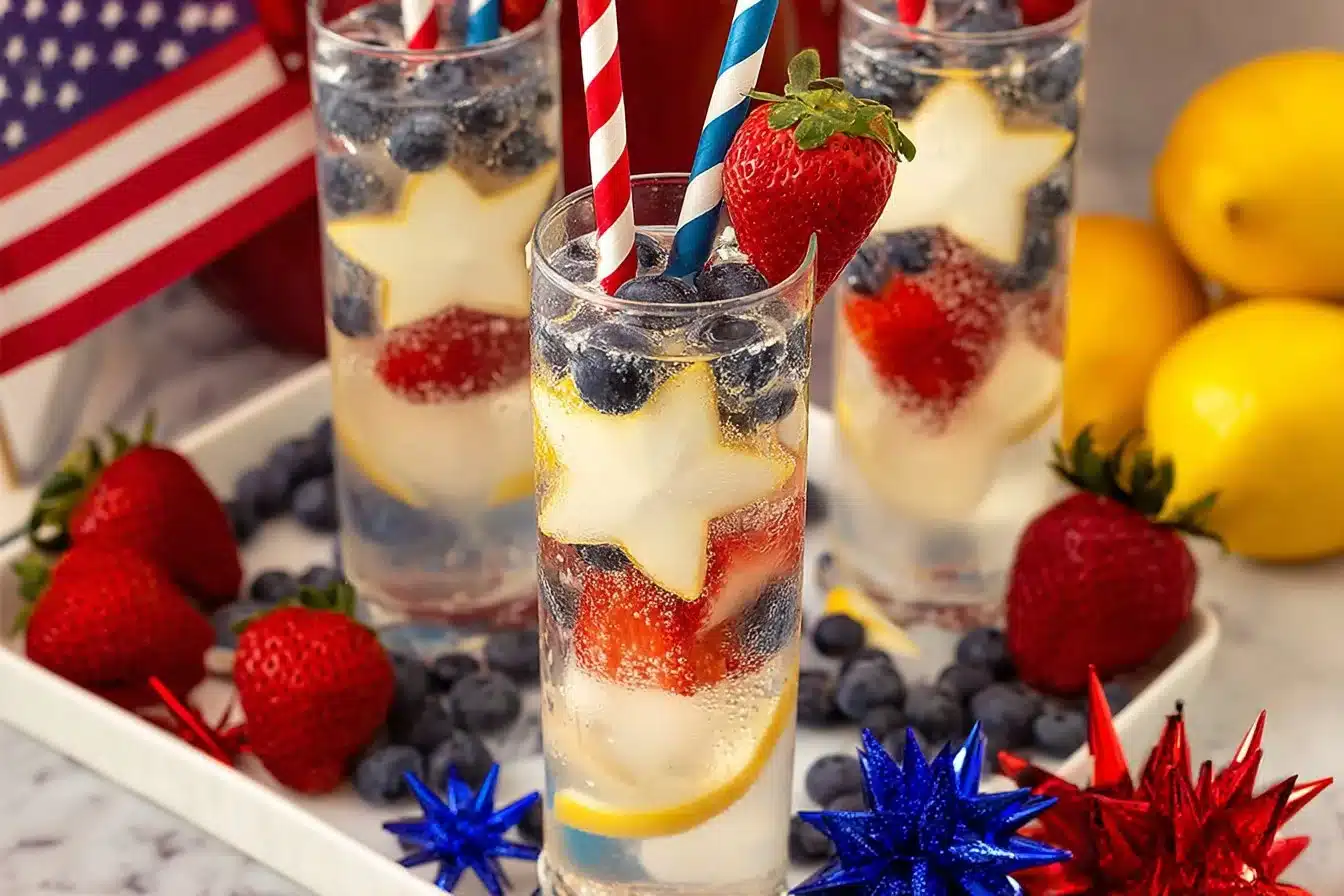 Refreshing patriotic sparkling lemonade in a glass with red, white, and blue garnish.