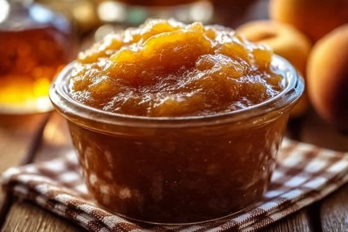 Homemade Peach Bourbon Jam in a jar with fresh peaches