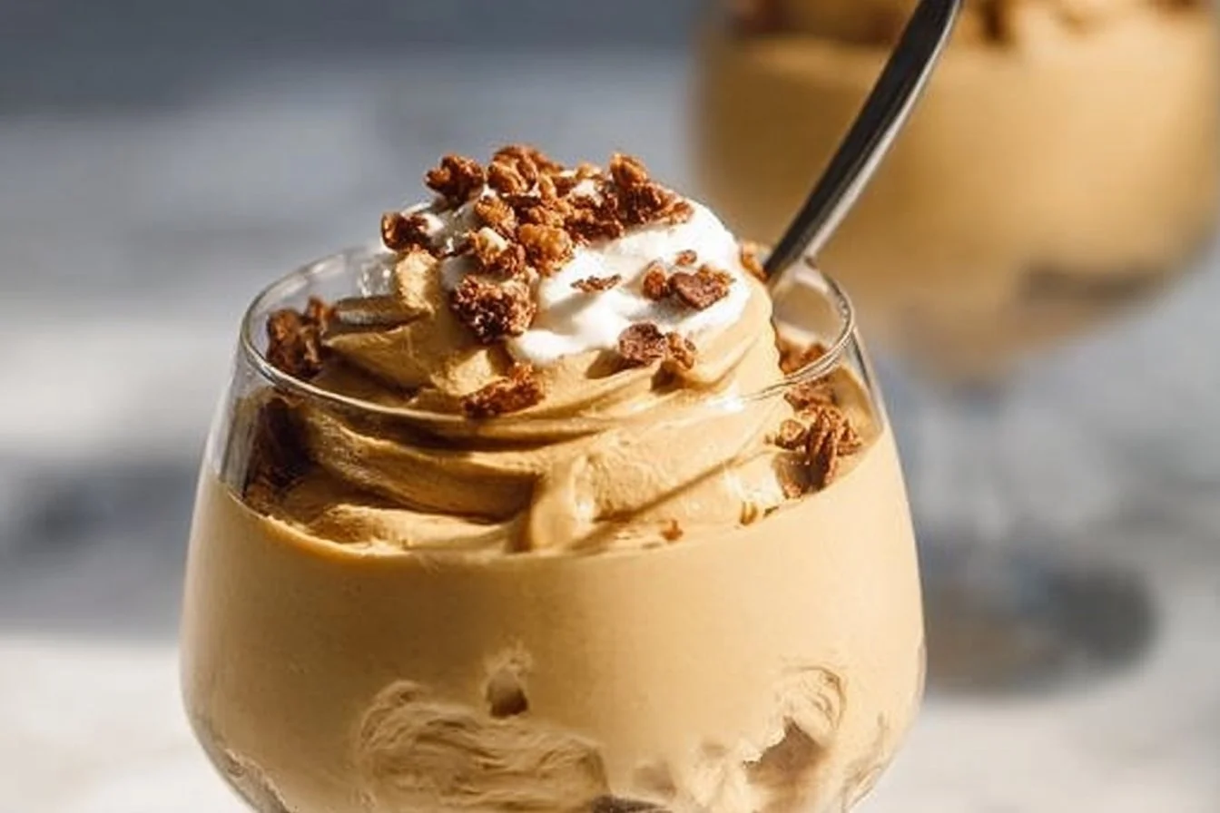 Delicious homemade peanut butter mousse in a dessert bowl garnished with chocolate.