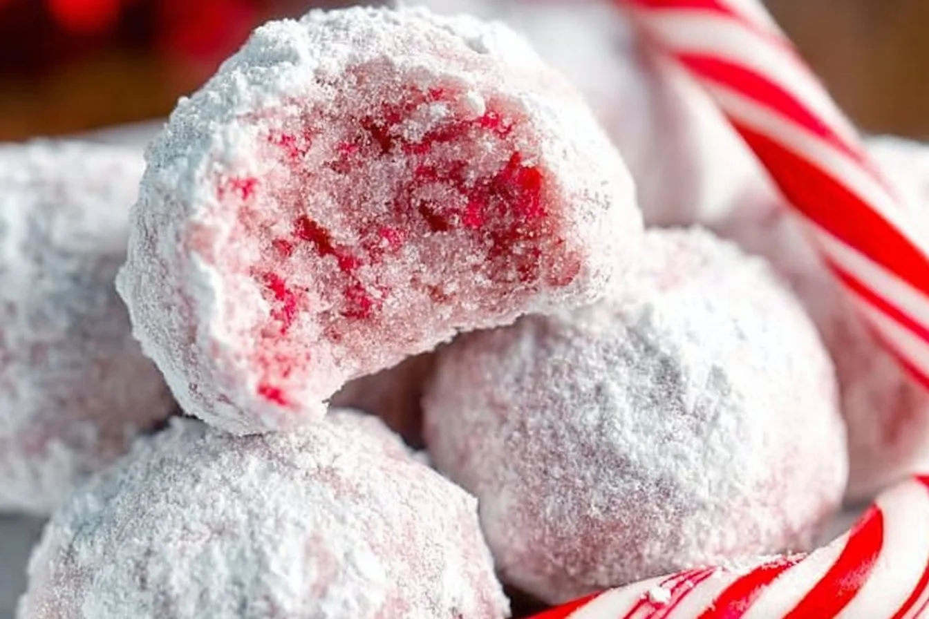 Delicious peppermint snowball cookies dusted with powdered sugar on a festive background.
