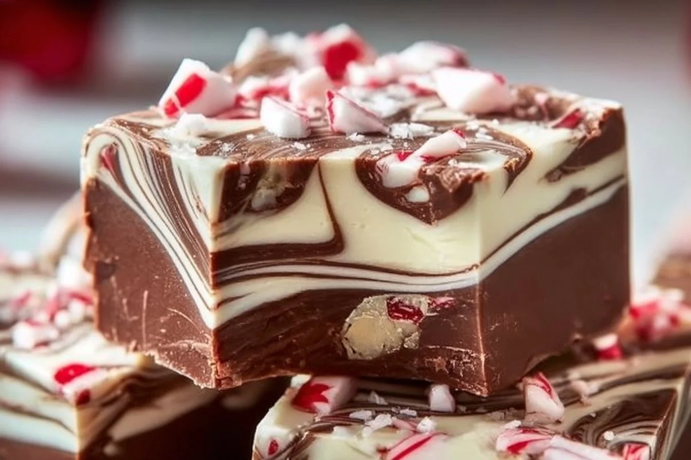 Delicious homemade Peppermint Swirl Fudge with festive swirling colors.