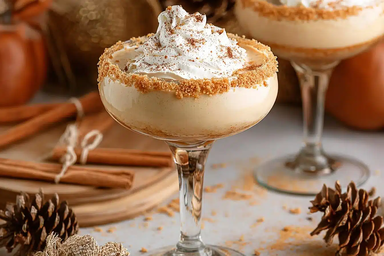 Delicious Pumpkin Pie Martinis served in elegant glasses with a cinnamon garnish.