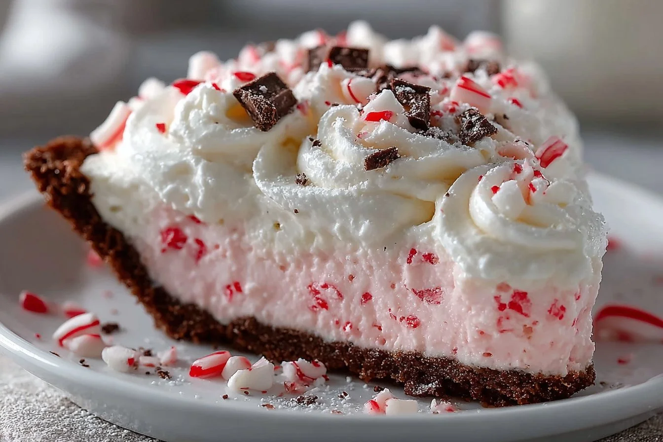 Quick Christmas Peppermint Pie with whipped cream and festive toppings