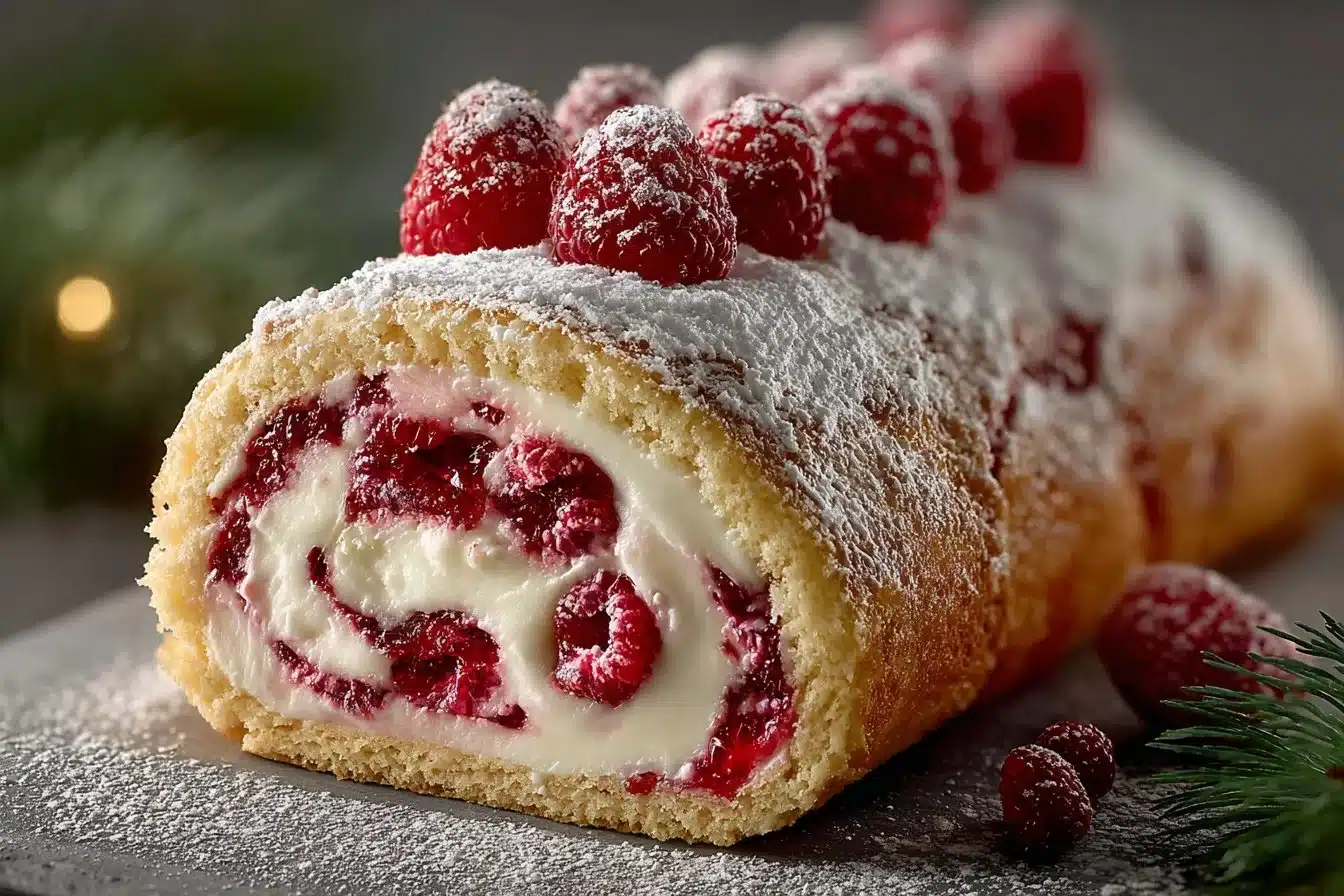 Raspberry Swirl Christmas Roll decorated with festive toppings and presented on a plate.
