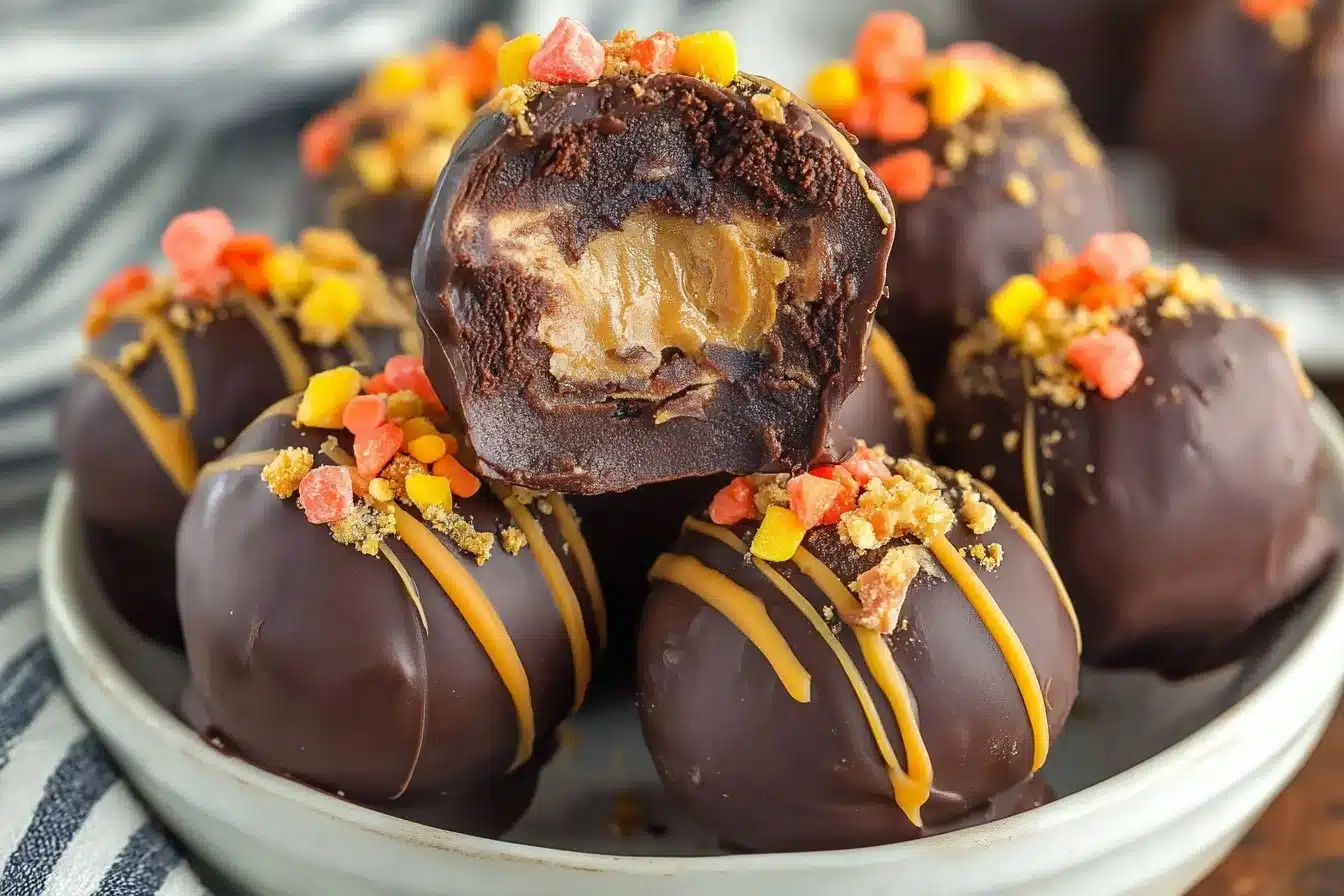 Delicious homemade Reese's Truffles coated in rich chocolate and filled with creamy peanut butter.