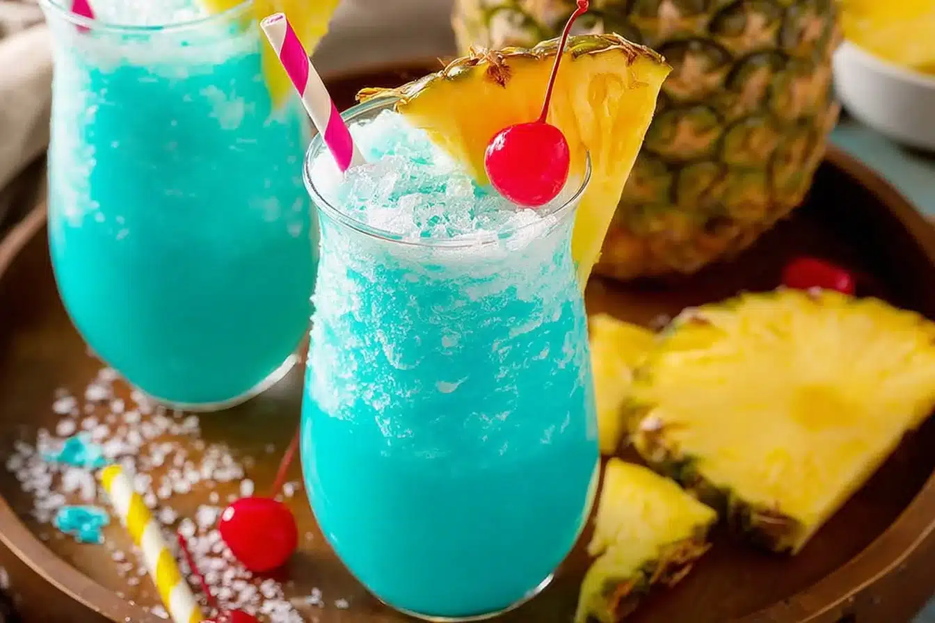 Refreshing frozen Blue Hawaiian cocktail garnished with a cherry and pineapple slice.