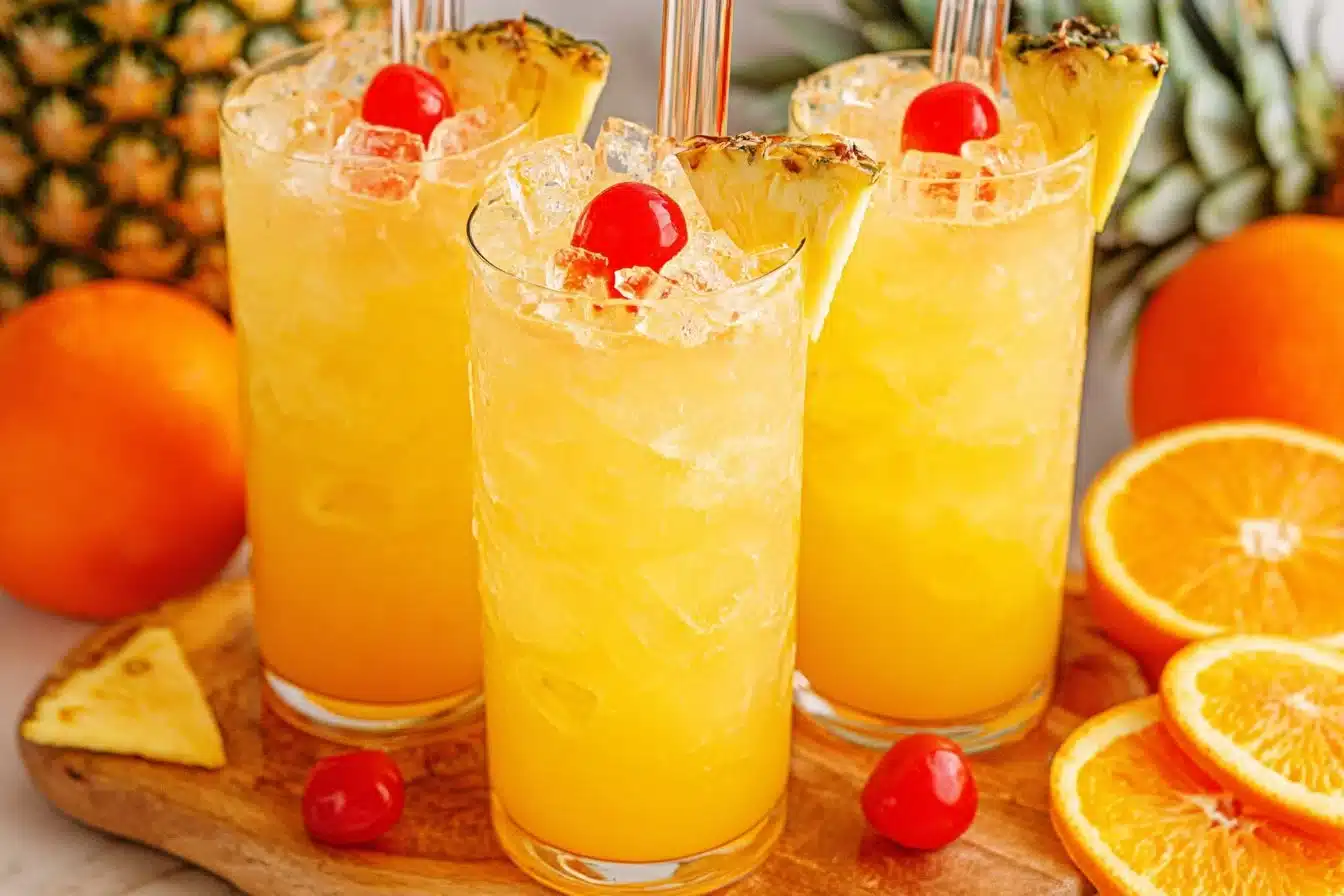Refreshing tropical lemonade punch in a glass with fruits