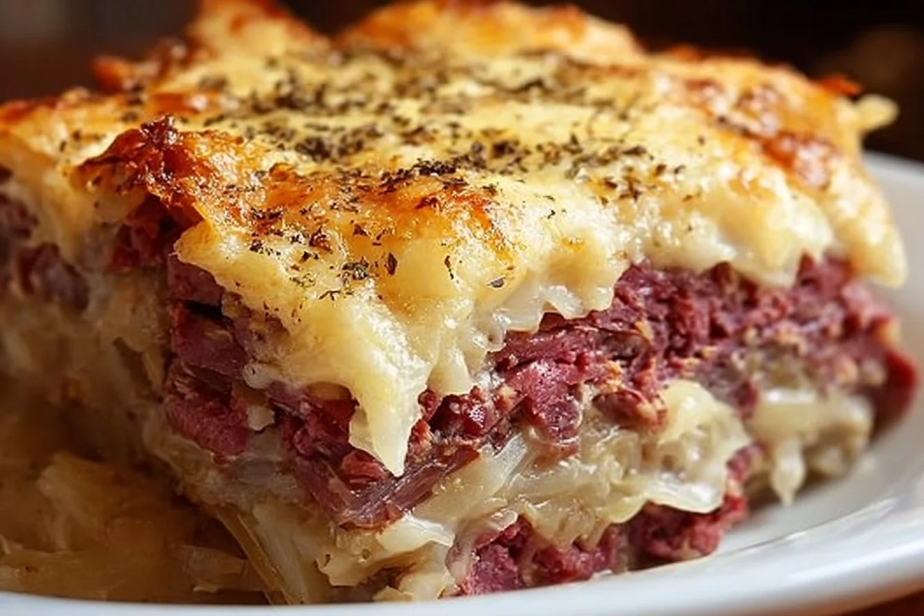 Delicious Reuben Bake dish with layers of corned beef and cheese