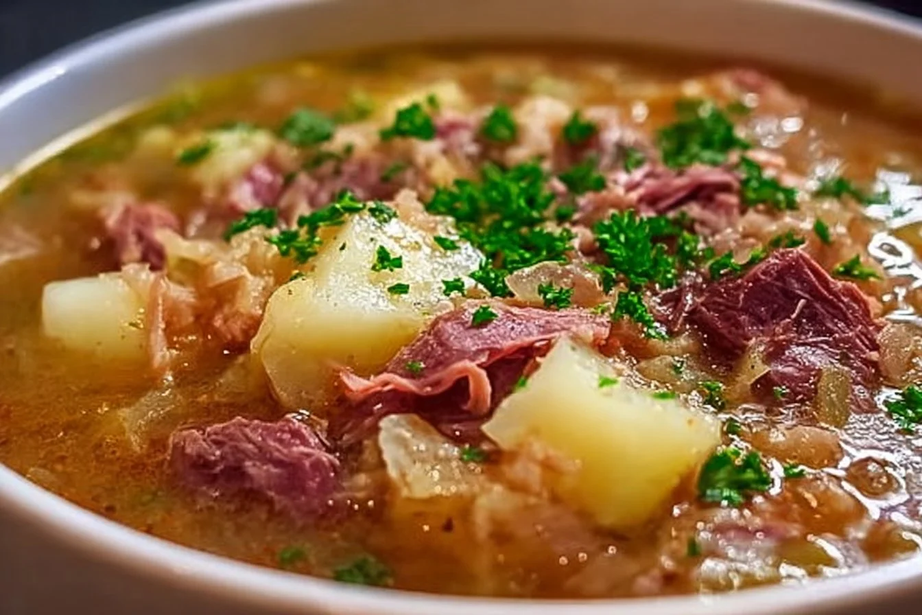 Bowl of creamy Reuben Soup with corned beef, sauerkraut, and Swiss cheese
