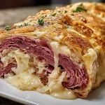 Delicious Reuben Stromboli filled with corned beef, sauerkraut, and cheese