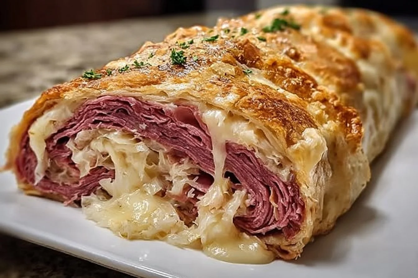Delicious Reuben Stromboli filled with corned beef, sauerkraut, and cheese