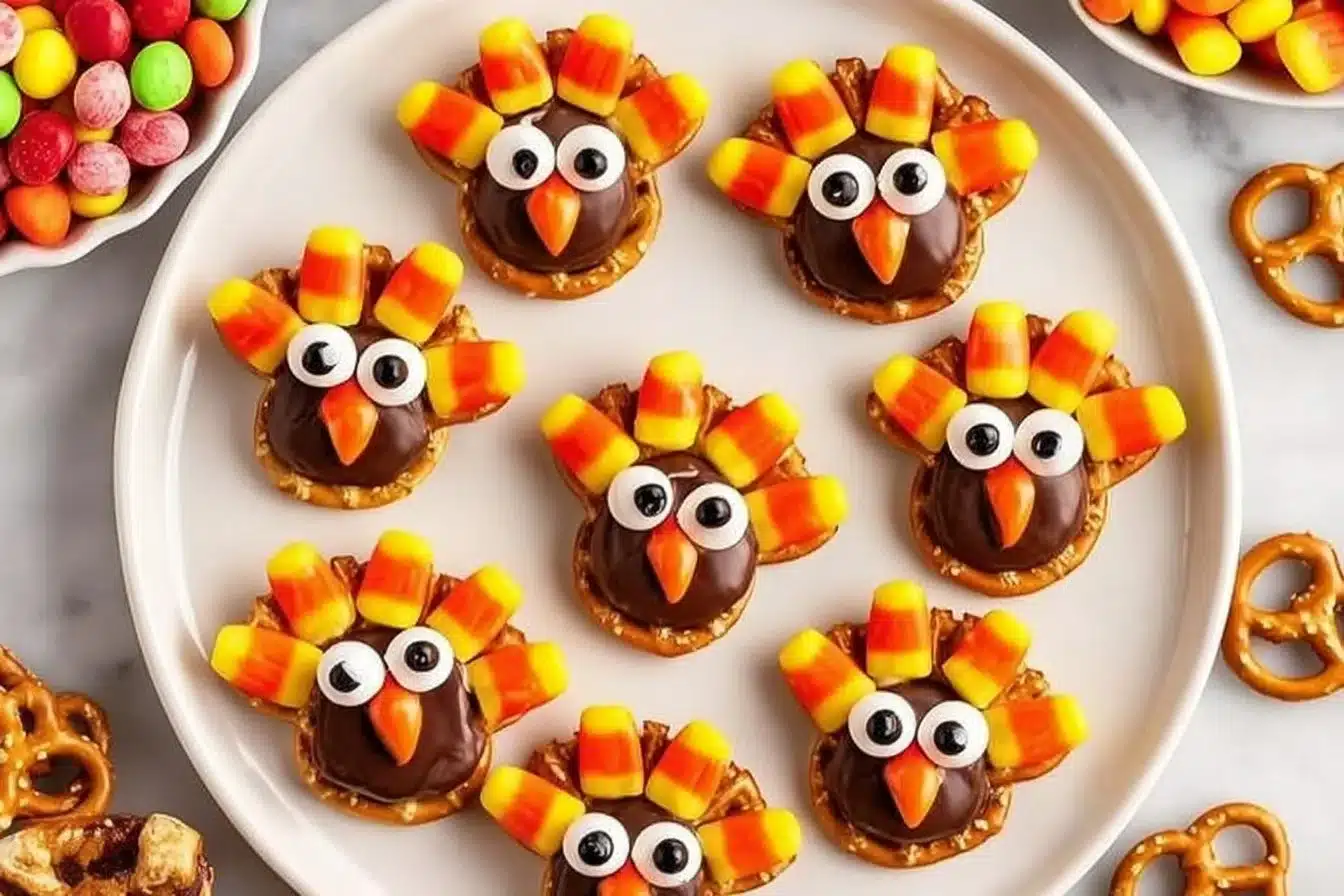Delicious Rolo Pretzel Turkeys decorated for Thanksgiving