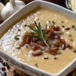 Bowl of rosemary and roasted garlic white bean soup garnished with herbs