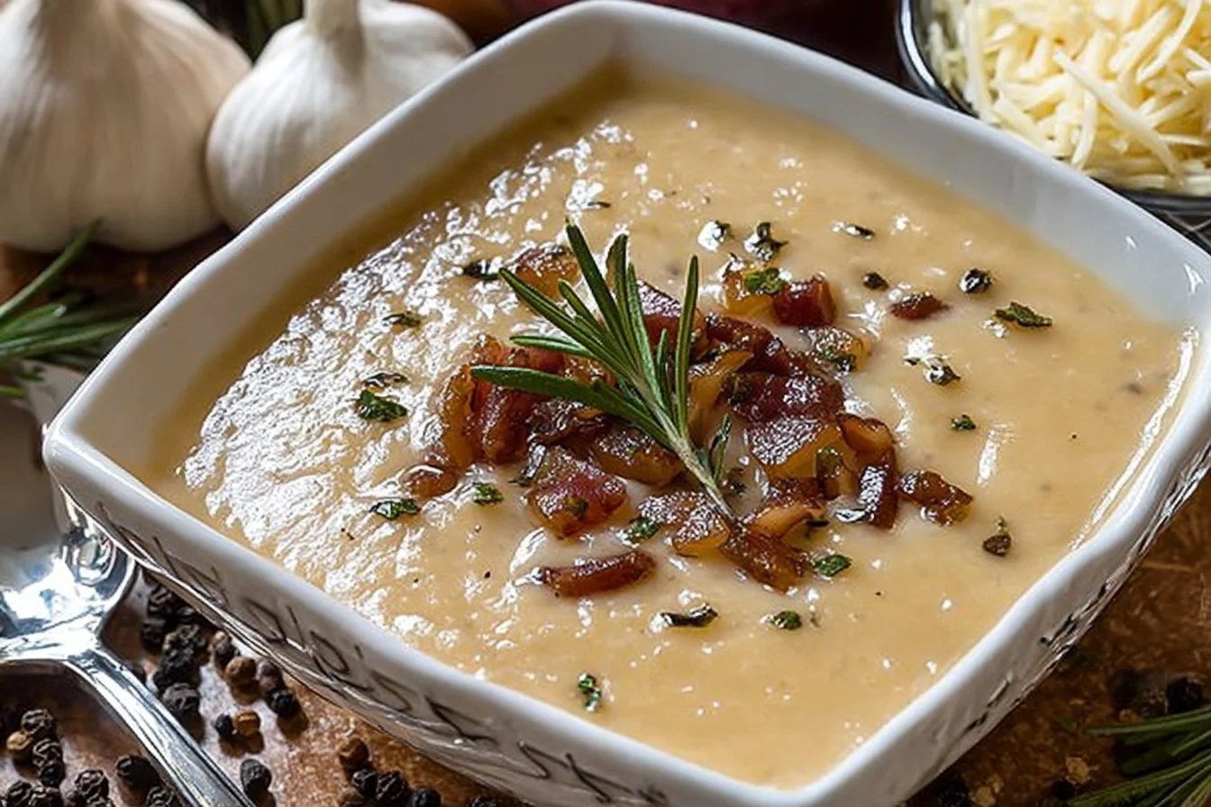 Bowl of rosemary and roasted garlic white bean soup garnished with herbs