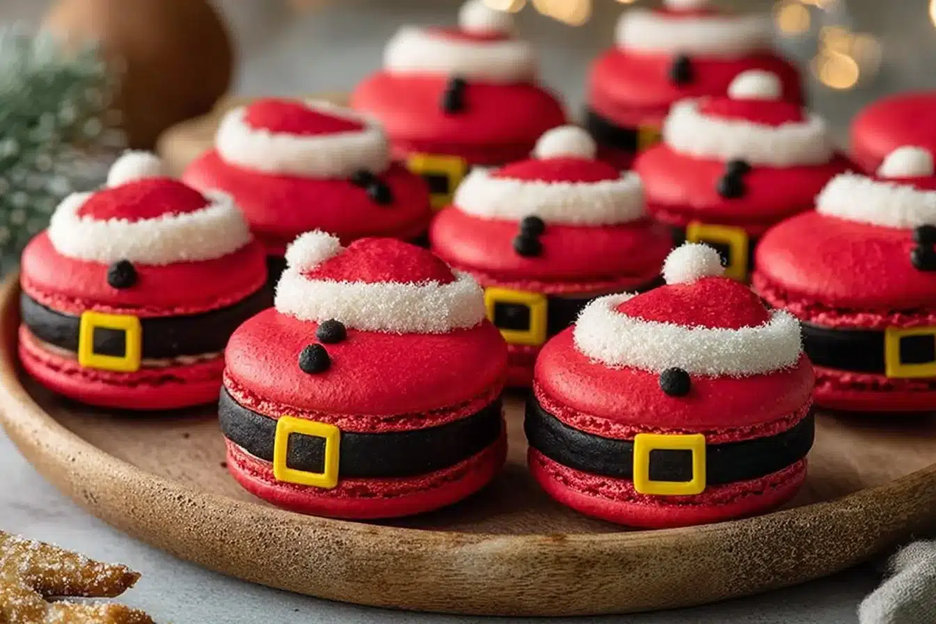 Festive Santa Claus macarons decorated for the holiday season