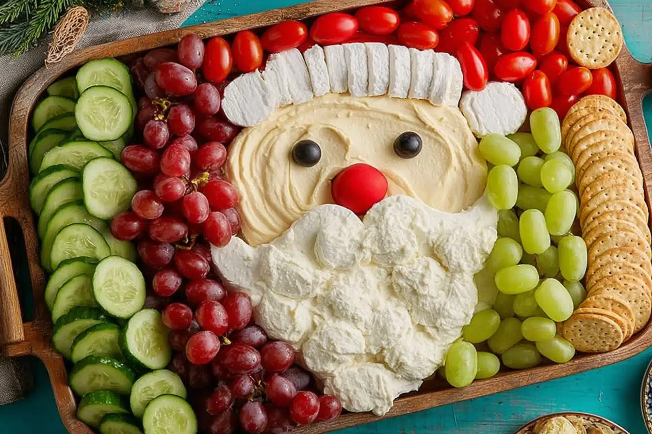 Colorful Santa Snack Board featuring festive treats and snacks for Christmas.